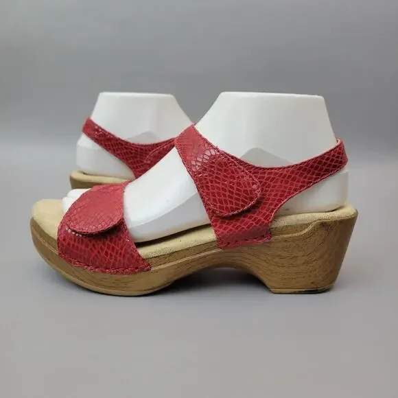 Dansko Red Snakeskin Leather Double Strap Slingback Wedge Sandals Size 38-8 - Picture 2 of 11
